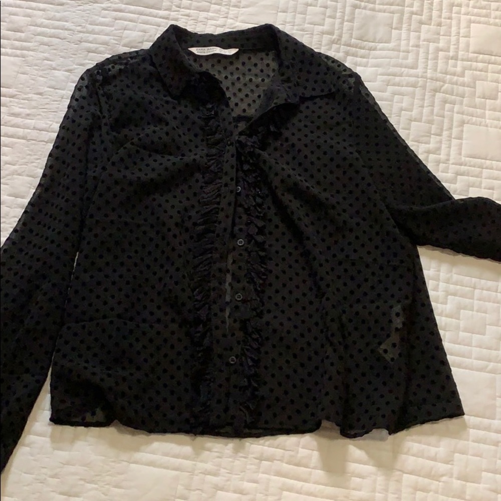 Sheer black top with velvet polkadots & lace frill